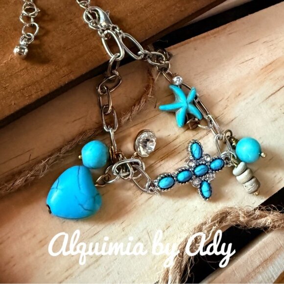 Alquimia Jewelry - Silver and turquoise cross multi charms bracelet